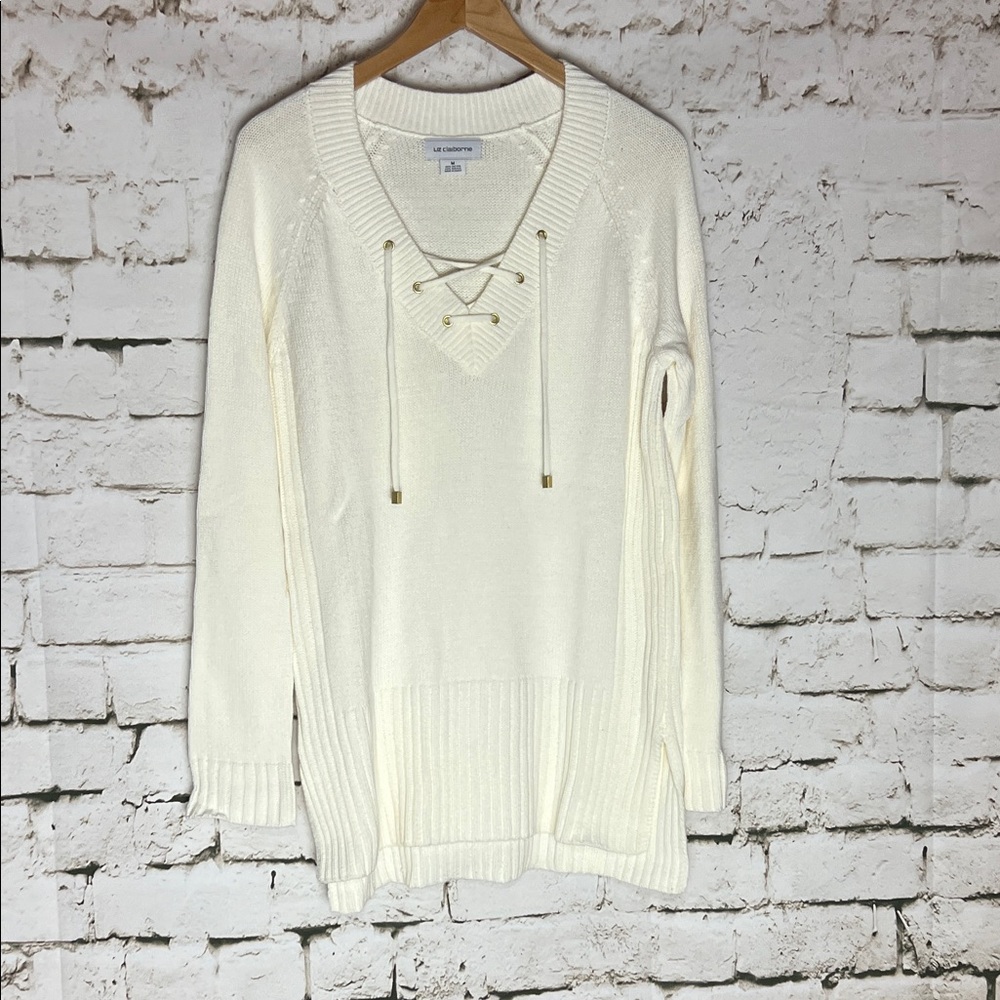 Liz Claiborne Ivory Lace-Up V-Neck Knit Sweater